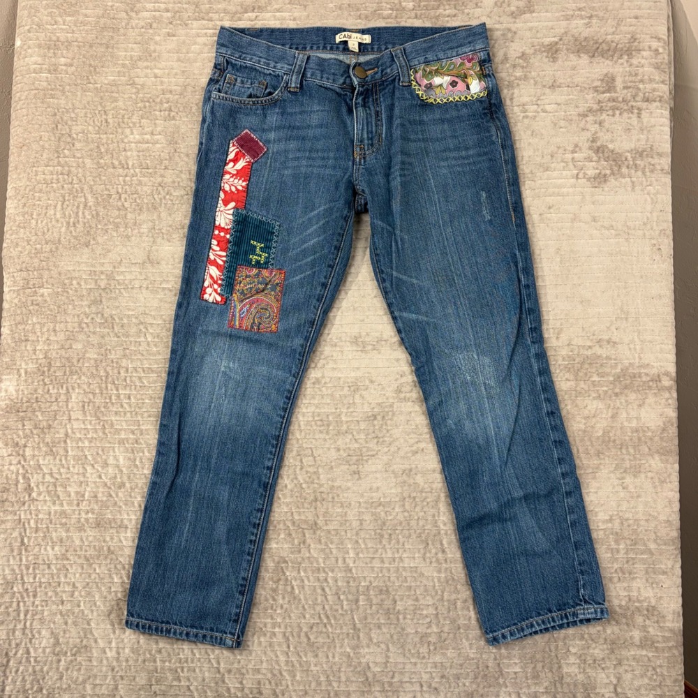 Cabi Jeans 887 Womens 2 Blue Patchwork Boho Straight Leg Denim Pants Medium Wash